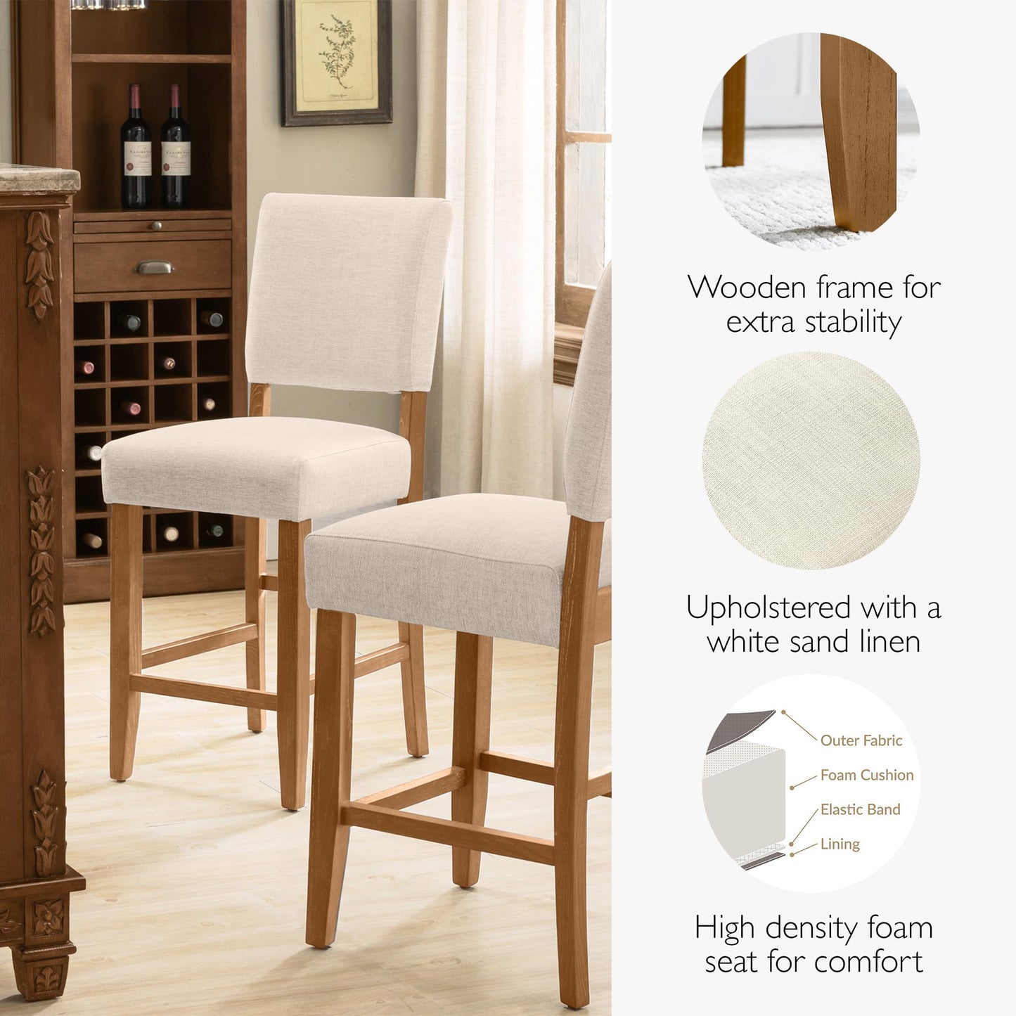 Leick Home Brax Counter Stool Set of 2, Counter Height, Solid Wood Base, Upholstered Foam Cushion, Easy Assembly, Natural White Sand, 17.75 in L x 19 in D x 40 in H, Item 214460