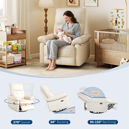 Garvee Power Recliner Chair with 270° Swivel and Rocking, Electric Glider Nursery Chair with USB Charging Port, PU Leather Upholstery and Button Tufted Backrest for Living Room, Cream