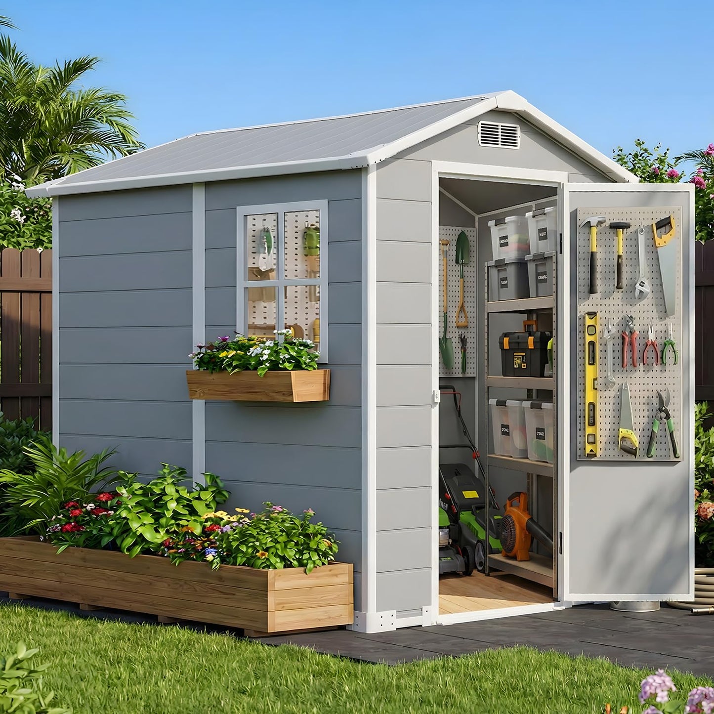 AIRAJ 4x6 FT Outdoor Storage Shed,Resin Storage Shed with Floor/Window/Vent/Roof Rainwater Drainage/Lockable Door,All-Weather Plastic Garden Sheds,for Yard,Garden,Poolside,Lawn Mower,Seasonal Items