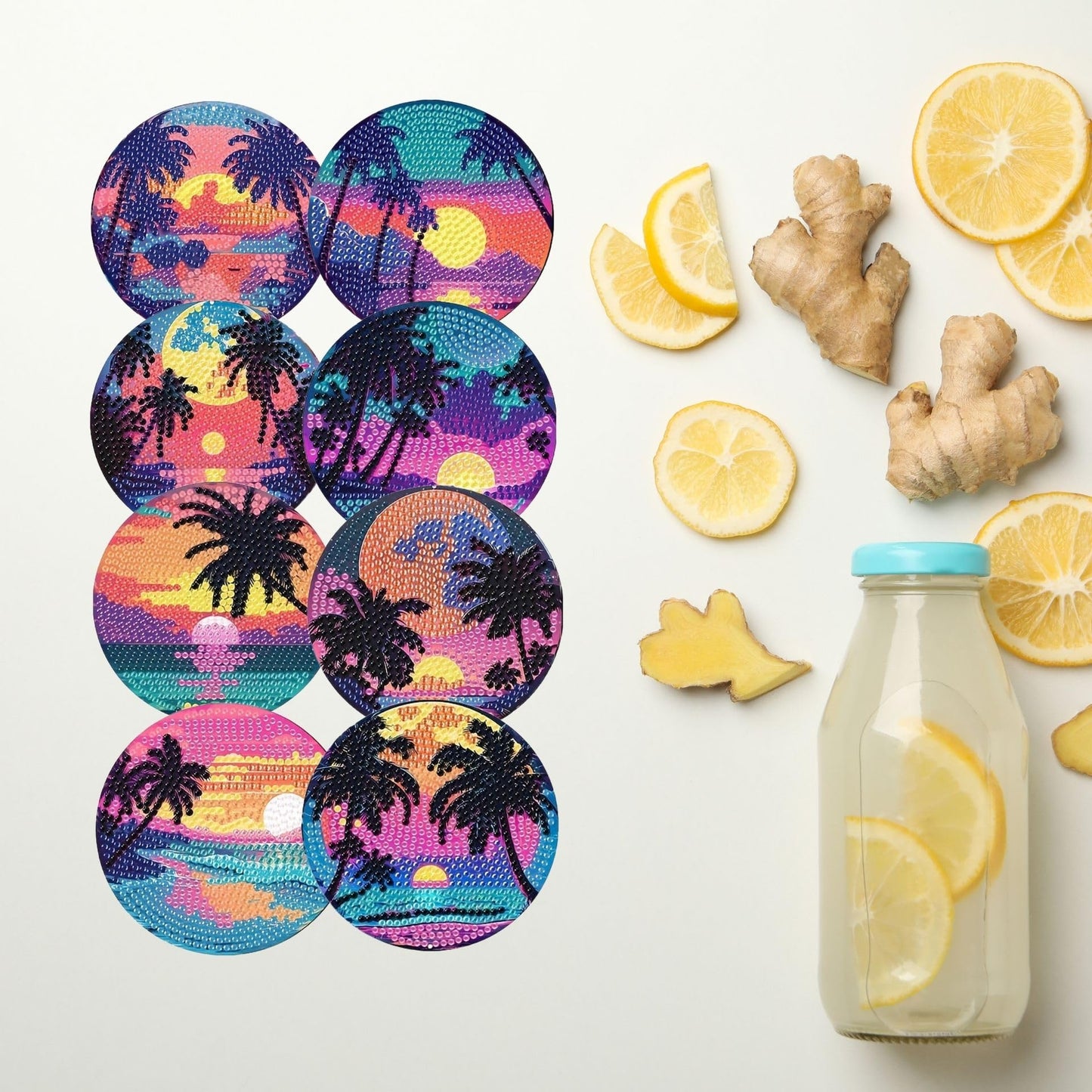 Bloomthread Sunset Beach Diamond Art Coasters Kits with Holder- 8 Pcs Acrylic Diamond Painting Coasters for Adults Beginners, DIY Craft Art Kits (Sunset)