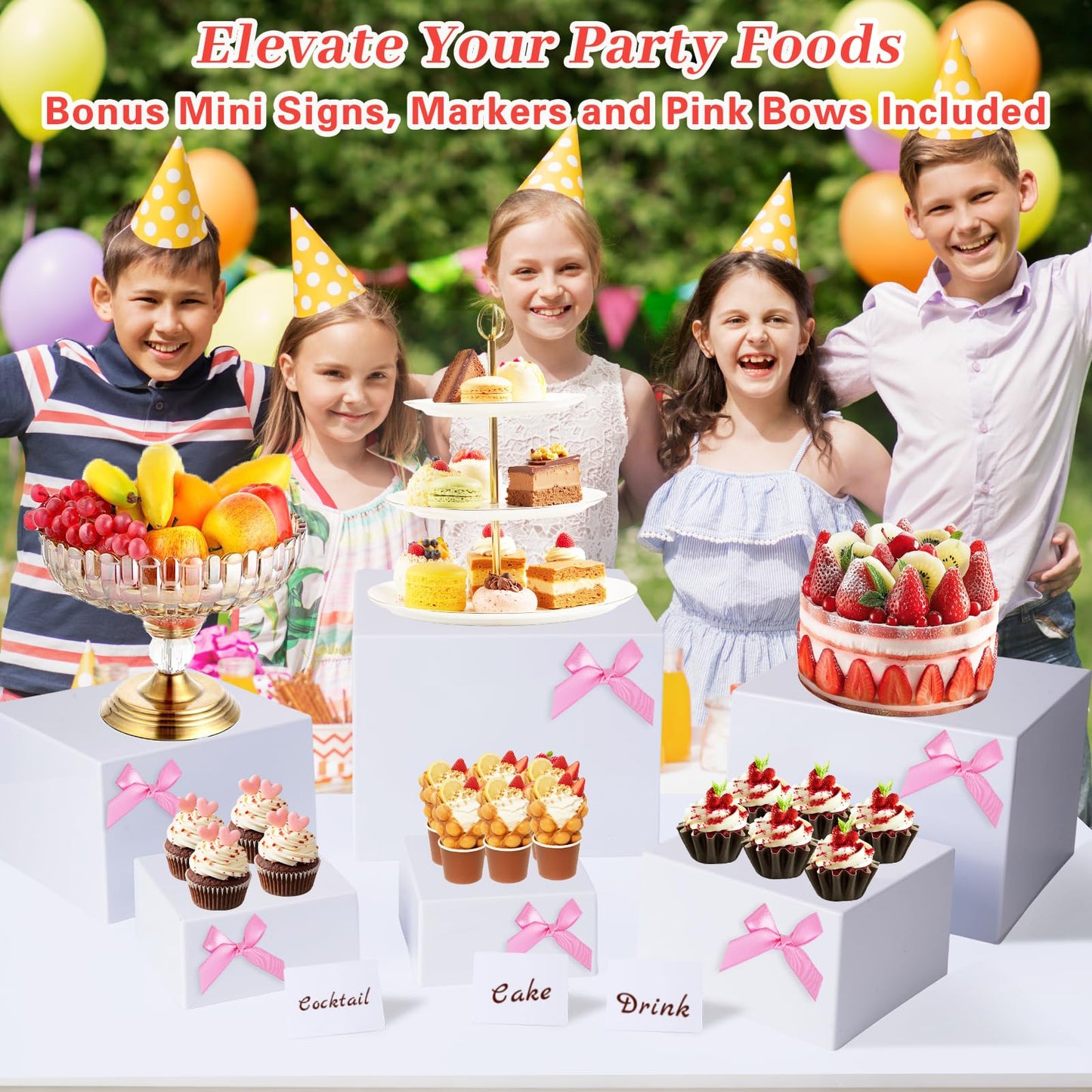 Hokimder 6 Pcs Acrylic Buffet Risers with Mini Signs and Makers, White Food Risers with Bowknot and Hollow Bottoms, Food Display Stands for Party, Dessert, Jewelry & Collectibles (8",7",6",5",4",4")