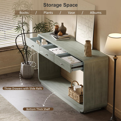 Christopher Knight Home Hiro Narrow Console Table with Storage, Wood Entryway Table with 3 Drawers and 1 Bottom Shelf, Long Entryway Table with Storage, Display Table with Curved Design, Sage Green