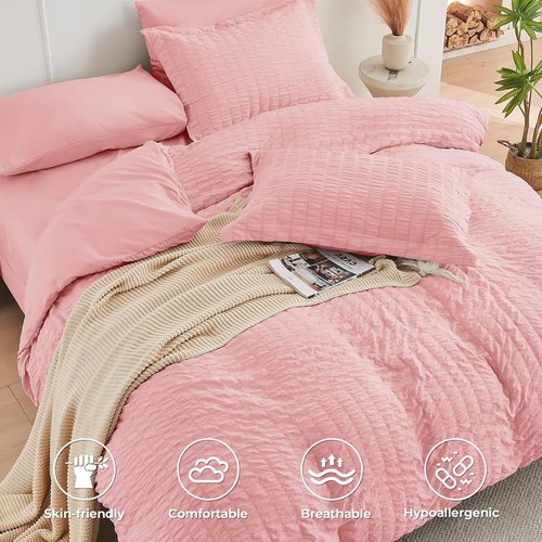HYMOKEGE King Size Comforter Set - Luxury 7-Piece Rose Pink Bedding Set with Sheets & Pillowcases