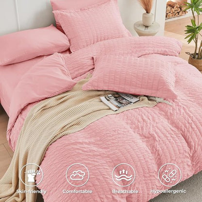 HYMOKEGE King Size Comforter Set - Luxury 7-Piece Rose Pink Bedding Set with Sheets & Pillowcases