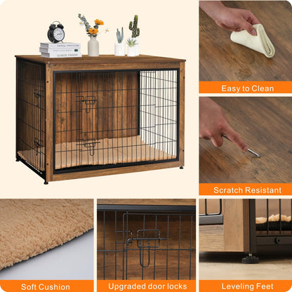 DWANTON Dog Crate Furniture with Cushion, Wooden Kennel Table with Double Doors, Indoor Dog House, Extra Large, 43.3" L, Warm Brown