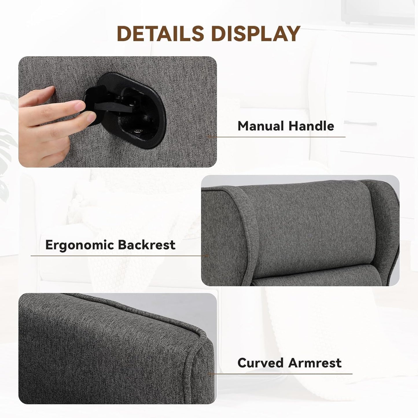 COMHOMA Nursery Rocking Chair Fabric Upholstered Swivel Rocker Recliner Manual Glider Reclining Chair for Living Room Bedroom Offices (Dark Grey)