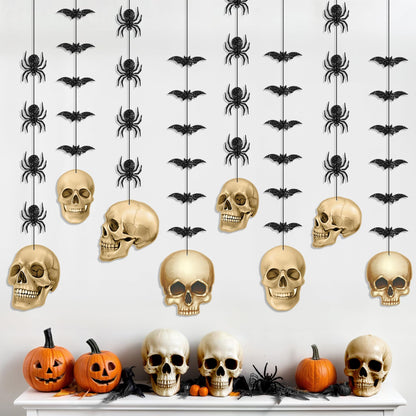 KatchOn, Glitter Skull Garland for Halloween - Pack of 8 | Black Hanging Halloween Decorations | Skull Garland, Glitter Spider