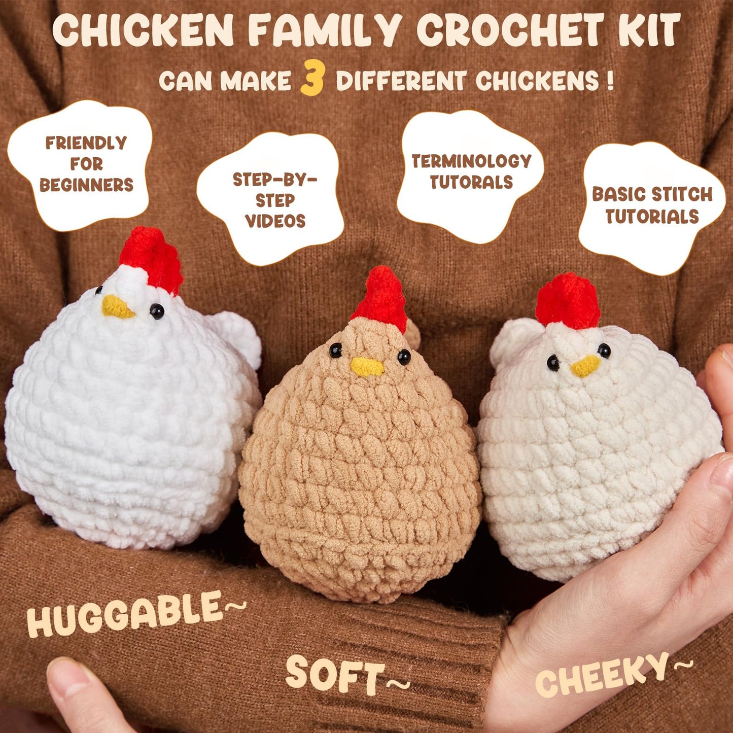 MAGIMUSE Crochet Kit for Beginners, Crochet Starter Kits for Adults Amigurumi Craft Knitting Crochet Animals Kits with Step-by-Step Video Tutorials, 3 Pcs Chicken (40%+ Yarn)