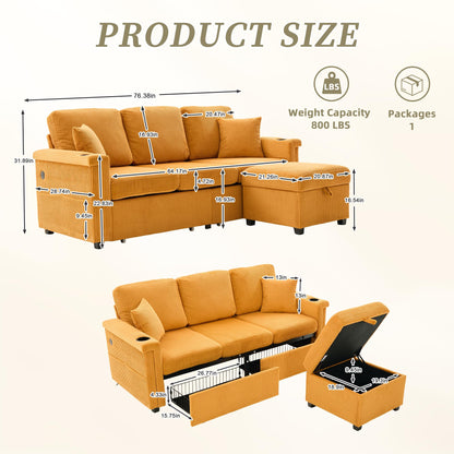 KEIKI 76" L-Shaped Modular Corduroy Sectional Sofa with Pull-Out Bed & 1 Movable Storage Ottoman & 2 Cup Holder & USB, Convertible 4-Seater Sleeper Couch Bed, Easy Assembly, for Living Room, Yellow