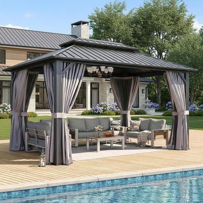 Aoxun 10'x14' Hardtop Gazebo, Aluminum Frame Canopy with Double Galvanized Steel Roof, Outdoor Metal Pavilion with Netting, Curtains for Backyard, Patio and Deck