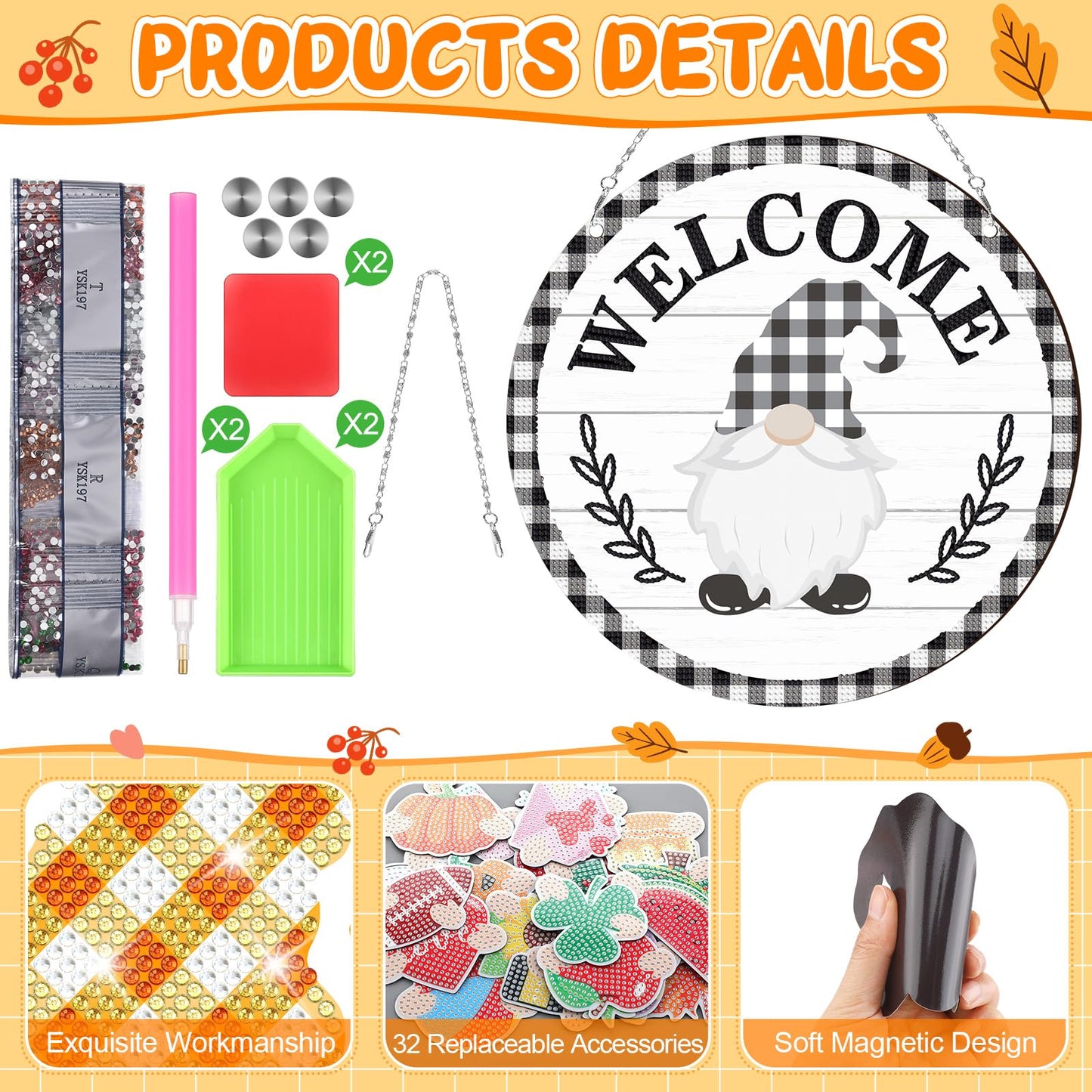 DoubleFill 33 Pcs Magnetic Diamond Art Set Interchangeable DIY Gnome Diamond Painting Decor Detachable Welcome Sign Seasonal Door Hanger Gnome Party Decorations Gift for Home Wall Front Door(Stylish)