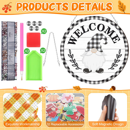DoubleFill 33 Pcs Magnetic Diamond Art Set Interchangeable DIY Gnome Diamond Painting Decor Detachable Welcome Sign Seasonal Door Hanger Gnome Party Decorations Gift for Home Wall Front Door(Stylish)