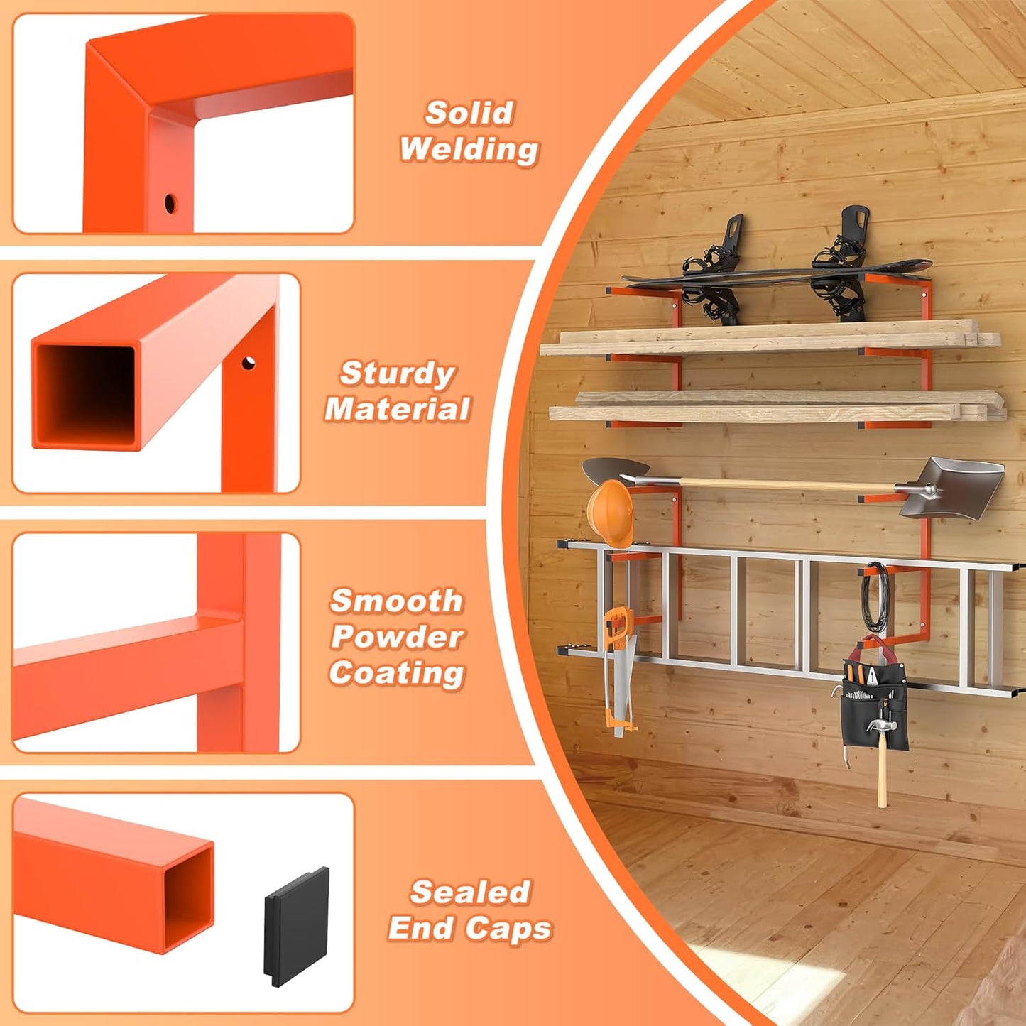 Ultrawall Lumber Storage Rack - Heavy-Duty Wall-Mounted Wood Organizer | Holds 220 LBS Per Level (Pack of 4, Orange)