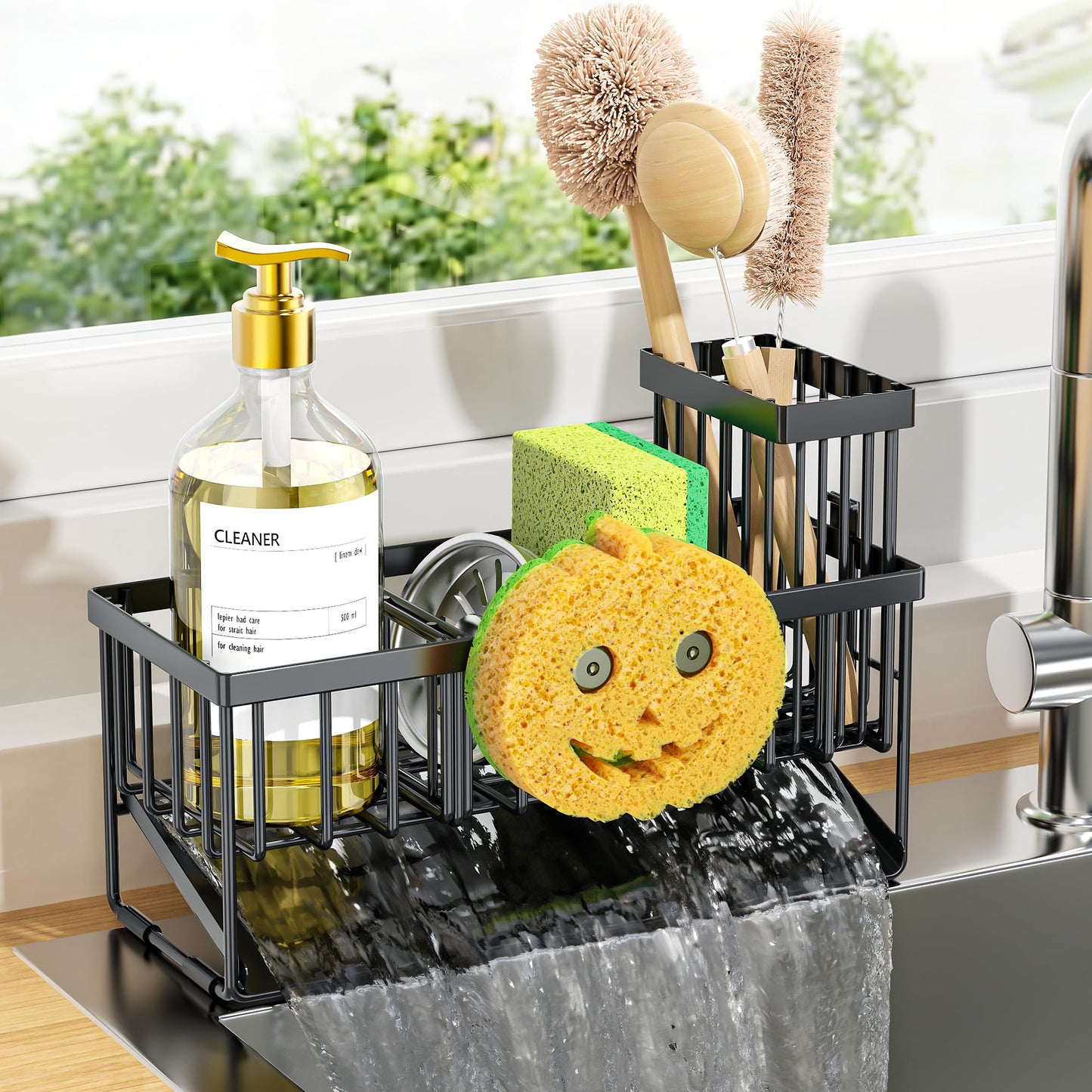 Cisily Kitchen Sink Caddy Organzier with High Brush Holder, Sponge Holder for Sink, 304 Rustproof Stainless, Kitchen Countertop Soap Dispenser Organizer (Black With Smiley Face Holder, 9.25″)