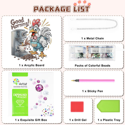 KEYIFA Coffee Diamond Art Hanging Kits with Chain, Special Shaped Drill Diamond Painting Pendant, Rooster Crystal Gem Art Pendant 5D Window Crafts for Wall Garden Door Decor (Width 7.9 in)