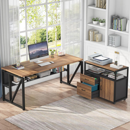 Tribesigns 63" Executive with Drawer Cabinet, L Shaped Desk and Lock lateral File Cabinet, 2 Piece Home Office Furniture Set with Drawers for Hanging File, (Brown, 63 inches)