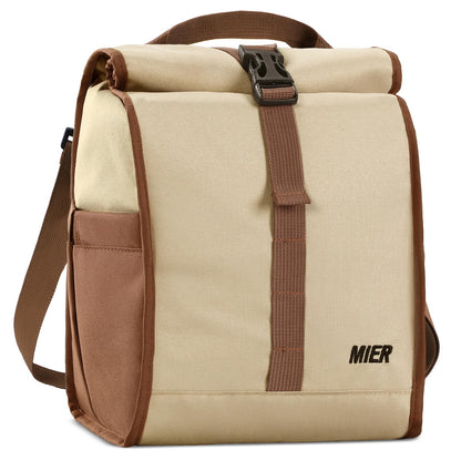 MIER Insulated Lunch Bag Roll Top Lunchbox for Women Men Adults Foldable Rolltop Lunch Tote with Shoulder Strap for Work Office Picnic, Water Bottle Holder, Khaki