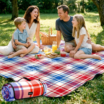 Doonly Picnic Blanket, 78" x 78" Large Waterproof Sandproof Beach Blanket, Foldable Outdoor Blanket Picnic Mat for Beach, Camping, Park, Grass, Lawn, Travel (Blue/Red/White)