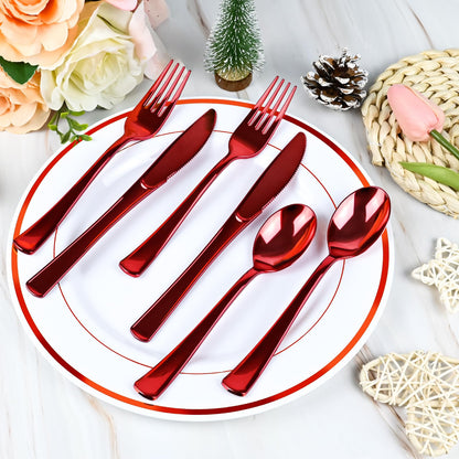 100Pack Red Pre Rolled Plastic Silverware - Wrapped Red Disposable Cutlery with Napkins, Heavy Duty Rolled Plastic Silverware Set, Disposable Utensils with Dinner Napkins for Valentine's Day