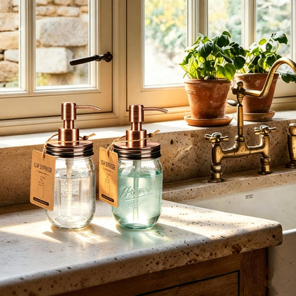 Amolliar Mason Jar Liquid Soap Dispenser, 16OZ Glass Countertop Lotion Dispenser Bottle, Farmhouse Decor for Kitchen, Bathroom, Refillable Dispenser for Hand Soap, Dish Soap, Lotion Soap, Copper 2Pack