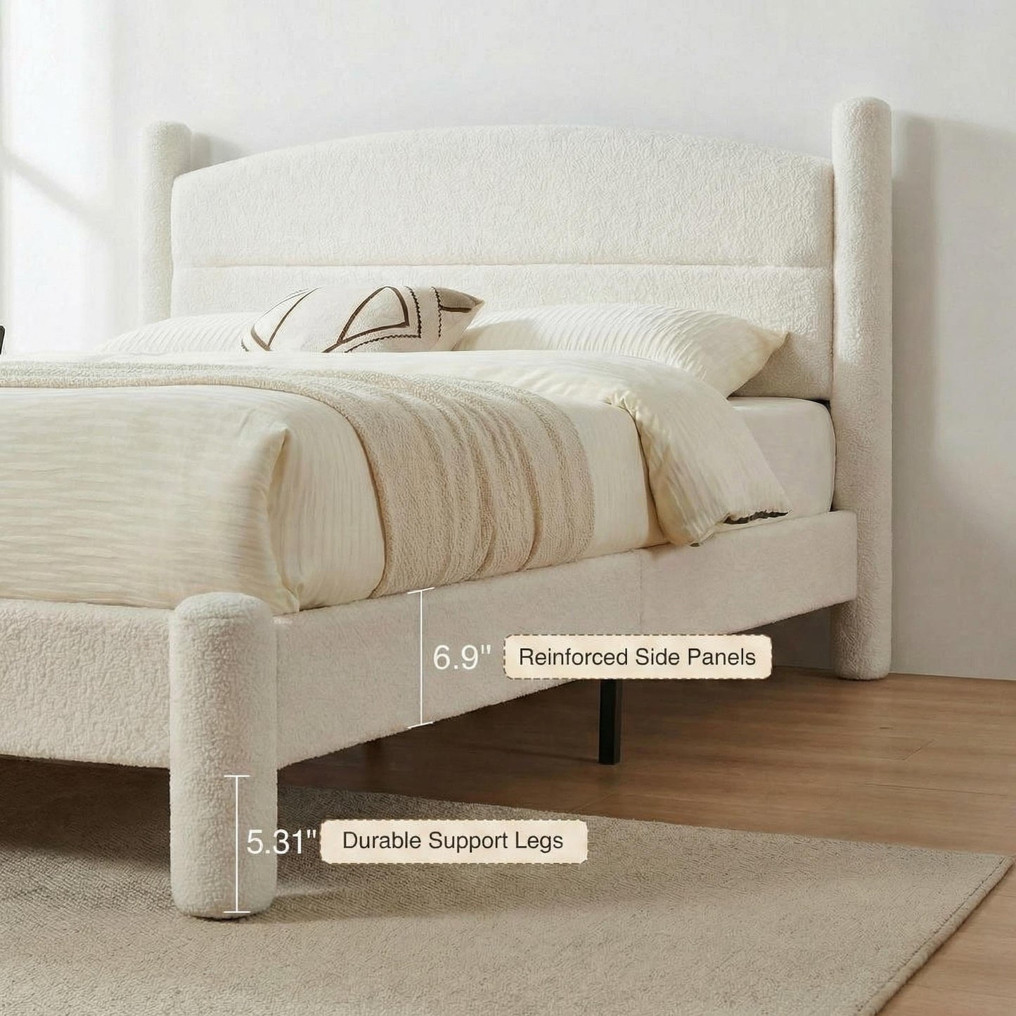 Garvee King Size Boucle Bed Frame, Upholstered Platform Cloud Bed with Soft Round Headboard & Cylindrical Legs, Heavy Duty & Noise Free, No Box Spring Needed, Easy Assembly, White