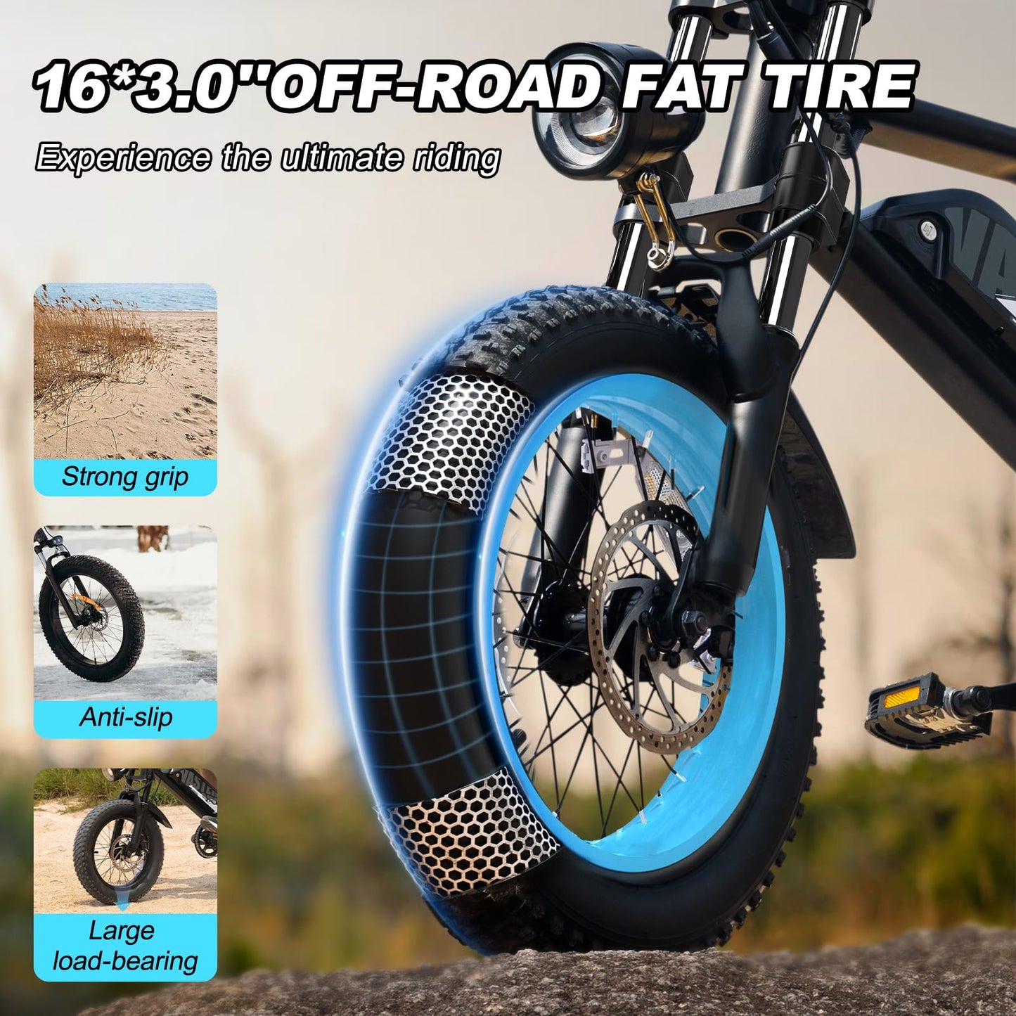AVDLBIKE Electric Bike, 16'' Fat Tire eBike for Teens/Adults, 500W E-Bike with 36V/12.8Ah Removable Battery, 20 MPH 45 Mile Range Commuting Electric Mountain Bike with Dual Dual Brakes-Blue A13