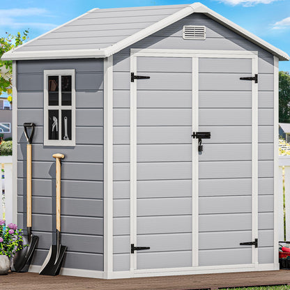 DWVO 6x4.4 FT Resin Storage Shed with Reinforced Floor, Outdoor Storage Shed with Lockable Door, Window and Vents, Waterproof Plastic Tool Storage for Garden, Backyard, Patio, Lawn