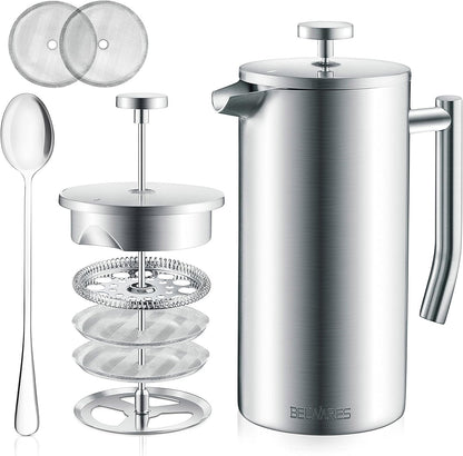 Belwares 34 oz French Press Coffee Maker, Double Insulated Stainless Steel with 2 Extra Screens and Coffee Spoon