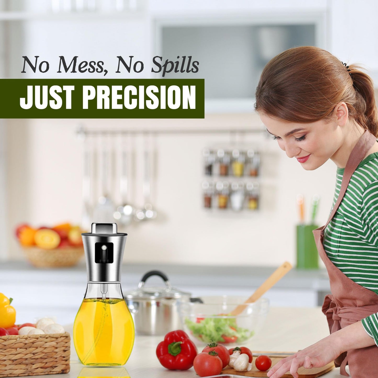 Fourteen Homes Oil Dispenser Bottle - Olive Oil Sprayer - Clear Glass Refillable Oil & Vinegar Dispenser with Measuring Scale Pump for Kitchen, Cooking, Salads, Baking, Frying -200 ml
