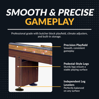 Hathaway Challenger 14 Ft Shuffleboard Table for Family Arcade Game Room - With Poly-Coated Playfield, Built-In Scorer & Cabinet, Climate Adjusters, Leg Levelers, 8 Pucks, Brush & Wax - Walnut Finish