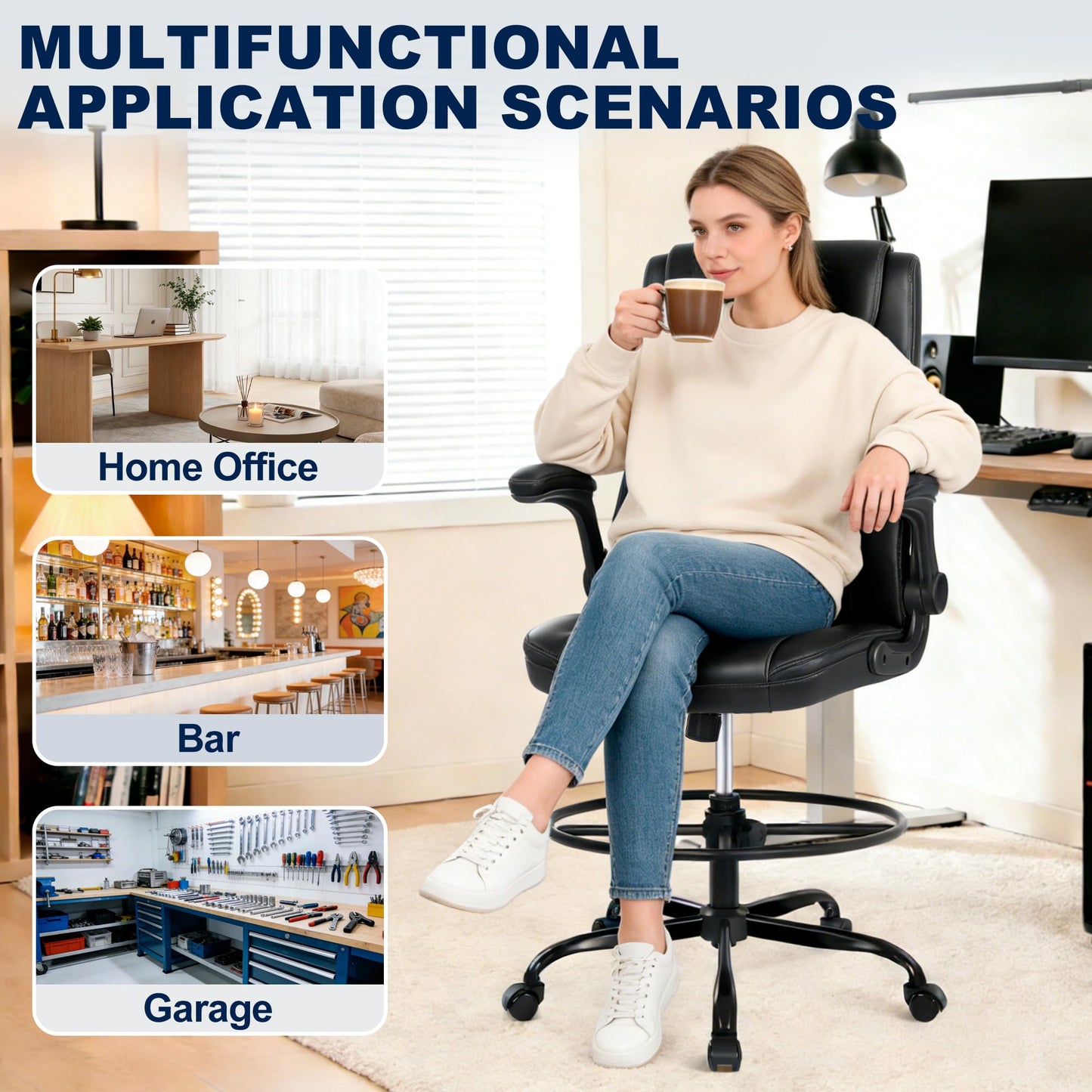 Misolant Drafting Chair with Footrest Ring, Tall Office Chair for Standing Desk, PU Faux Leather Bar Counter Height Chairs with Adjustable Height, 360° Swivel Wheels for Garage Office, Black
