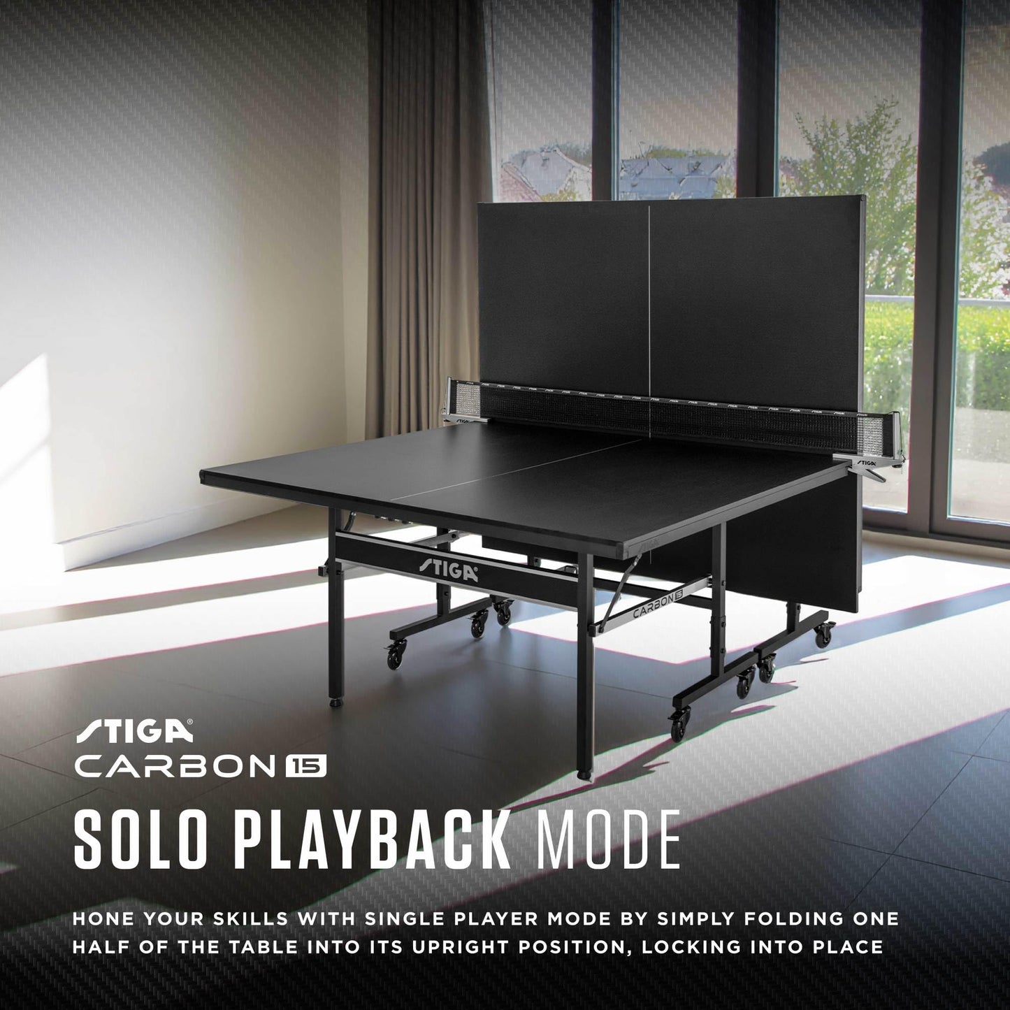 STIGA Carbon Series Indoor Ping Pong Tables with 15mm - 18mm Performance Top, QuickPlay Assembly, Built-in Ball Storage, Foldable Playback Mode & Lockable Casters