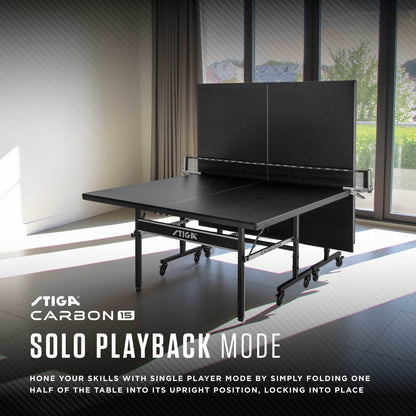 STIGA Carbon Series Indoor Ping Pong Tables with 15mm - 18mm Performance Top, QuickPlay Assembly, Built-in Ball Storage, Foldable Playback Mode & Lockable Casters