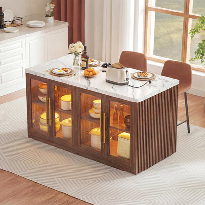 Homiflex Kitchen Island with Storage, Imitation Marble Island Table with LED Lights & Cabinet for Kitchen, Modern Kitchen Carts on Wheels for Dining Room, Home Bar, Walnut