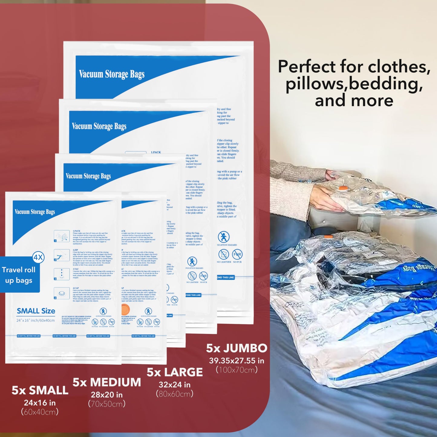 Vacuum Seal Bags for Clothing Travel & Home Storage, travel vacuum bags with pump, Store Blankets, Comforters, Pillows, Seasonal Clothes Compactly,24 Pack With Electric Pump