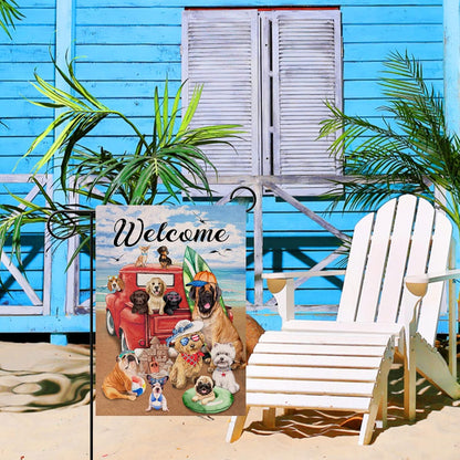 Welcome Summer Dogs Red Truck Beach Garden Flag, Double Sided, Ocean Coastal Nautical Decorative Yard Decor