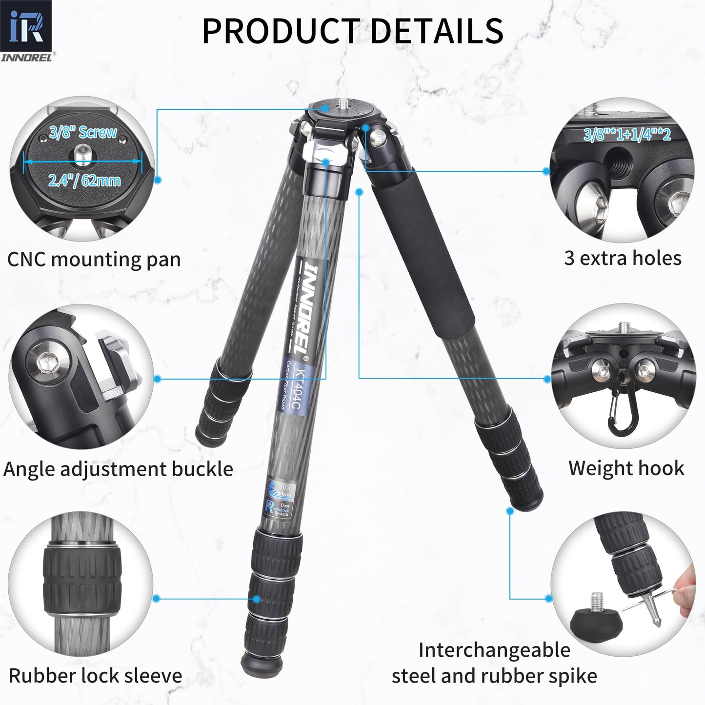 INNOREL KT404C Compact 10-Layer Carbon Fiber Camera Tripod 40mm Big Tube Professional Tripod for Digital DSLR Video Camcorder Heavy Duty Camera Stand Load 77lb/35kg with Center Column