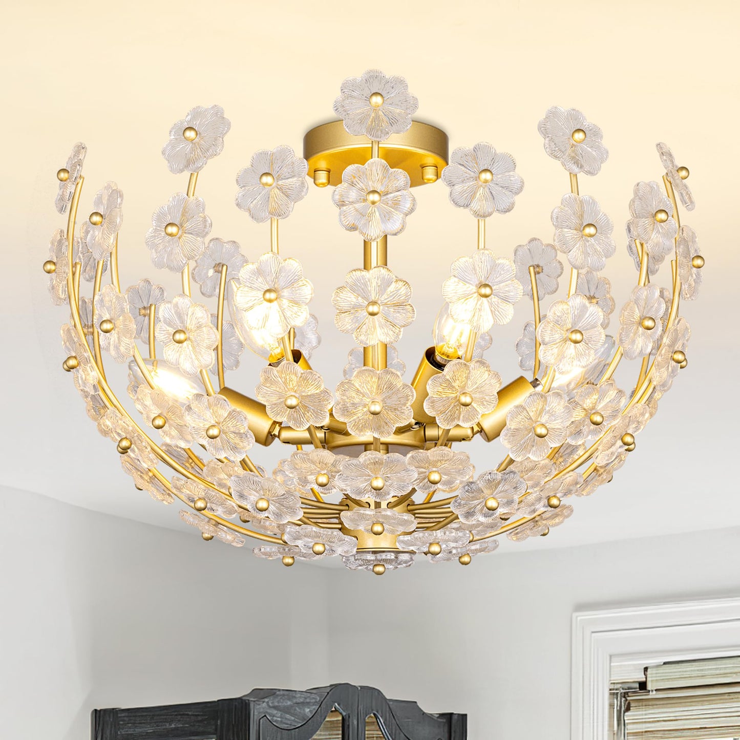 Wellmet Gold Semi Flush Mounts Ceiling Light,Sputnik Ceiling Light Fixture for Bedroom,Flowers Glass Modern Chandelier for Dining Room,Mid Century Close to Ceiling Light for Foyer,Living Room,Nursery