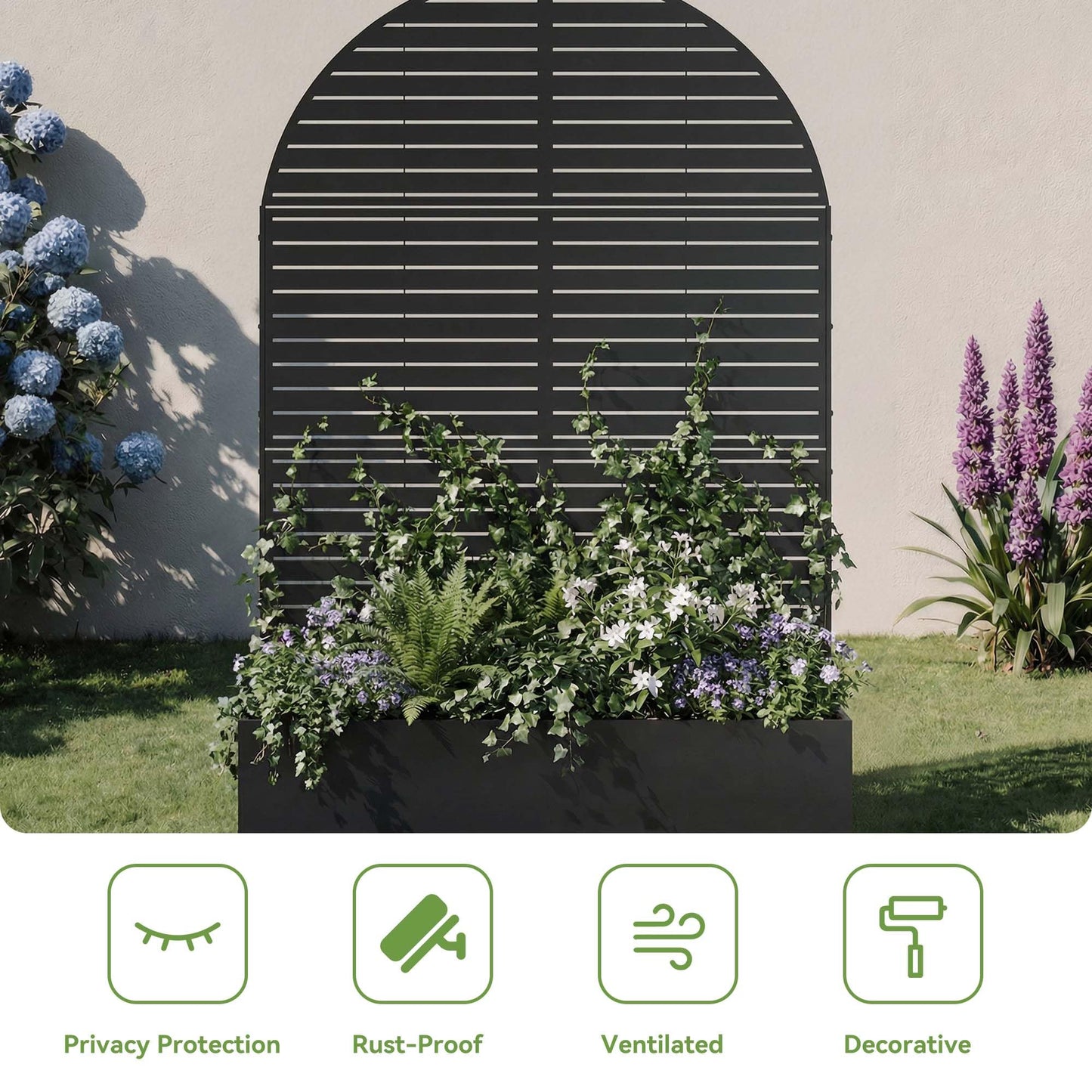 Metal Raised Garden Bed with Trellis and Wheels, 71"x47"x16" Planter Box with Privacy Screen & Drainage Holes, Arched Outdoor Garden Bed for Climbing Plants, Vegetables, Flowers (Black-Louvered)
