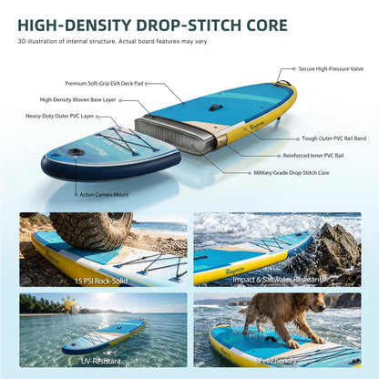 Inflatable Stand Up Paddle Board 11'×34" Extra Wide SUP, Ultra-Stable for Adults & Dog, 450lbs, Dual Chamber Pump, Fiberglass Paddle, Military Grade Dual Layer, Ocean Wave Design