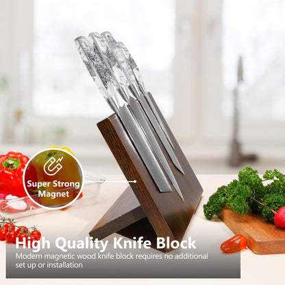 SHANGDAO Damascus Kitchen Knife Set with Magnetic Knife Block, 5 PCS Razor Sharp Kitchen Knives Made of Japanese Damascus Steelwith Block, Well-Balanced Damascus Chef Knife set