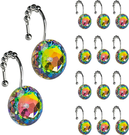 Sunlit Luxury Design Glitter Round Colorful Diamond Crystal Gem Bling Shower Curtain Hooks - Rust Proof Metal