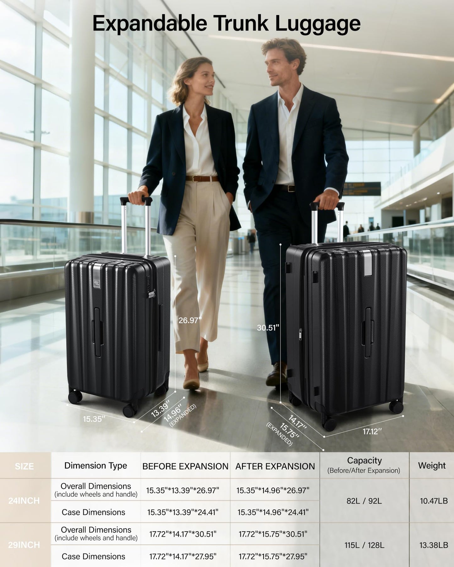 Hanke 24 Inch Plus Expandable Luggage Large Suitcases with Wheels, Medium Checked Luggage Hard Shell Suitcases, PC Trunk Luggage Extra Large Suitcase with Lock for Women Men(Jet Black)