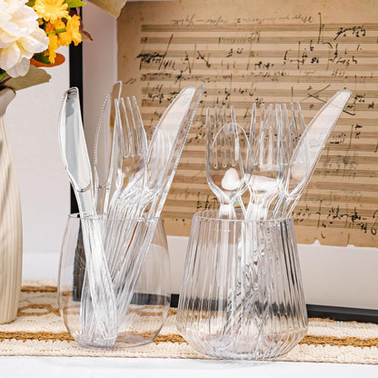 QualQuot 400 Count Clear Plastic Silverware, Extra Heavy Duty Plastic Utensils Set Includes 160 Forks, 160 Spoons and 80 Knives, BPA-Free and Heat Resistant Disposable Cutlery for Party and Daily Use