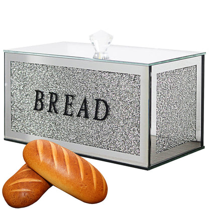 HMRCYTE Large Crystal Glass Bread Container Box with Lid, 12.2" L x 6.3" W x 7.9" H Silver Homemade Bread Storage, Crushed Diamond Home Decor, Keep Bread Fresh Clean, Bread Bin for Kitchen Countertop