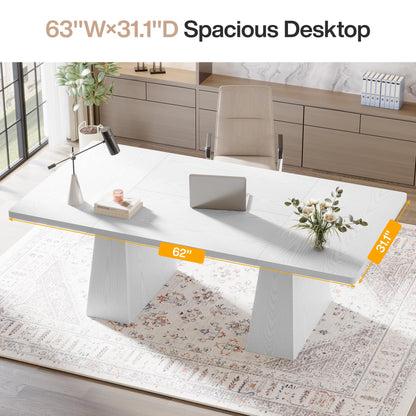Tribesigns 63-Inch Executive Desk, Large Office Computer Desk with Double Pedestal, Modern Simple Workstations Writing Table Conference Table Business Furniture for Home Office, White