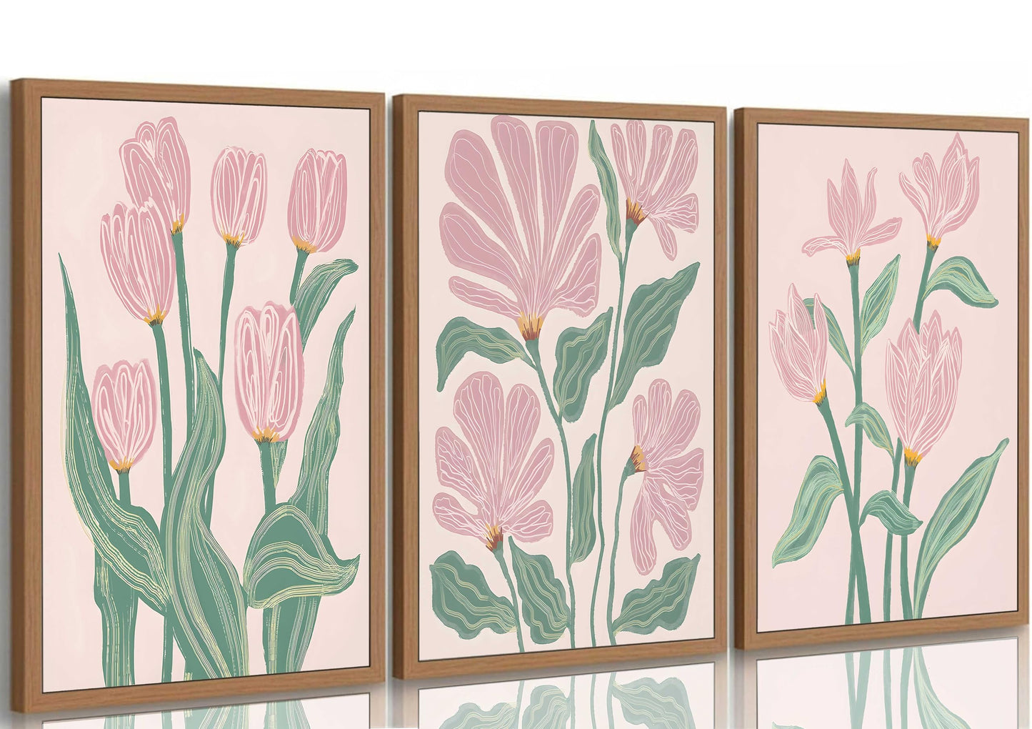 3 Pcs Pink Tulips Flowers Canvas Wall Art Boho Pink and Green Abstract Floral Botanical Paintings Pictures Wall Decor Poster Print Artwork for Living Room Bedroom Home Decoration Unframed