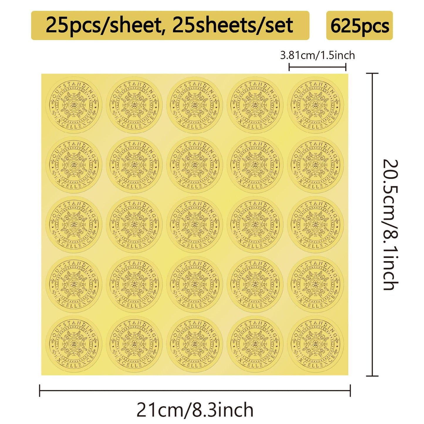 CRASPIRE 625Pcs Excellence Outstanding Gold Envelopes Seals Stickers 1.5" Foil Embossed Self Adhesive Certificates Round Labels for Invitation Graduation Award Diplomas Wedding Gift Wrapping Decor