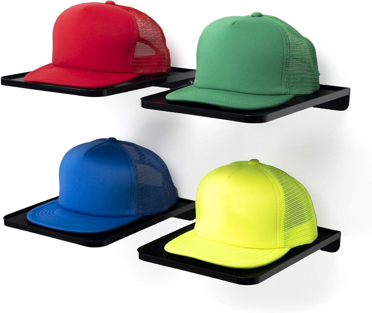 Boxy Concepts Hat Rack for Wall - Pack of 4 Premium Baseball Cap Organizer - Plastic Mountable Display Shelf with 3M