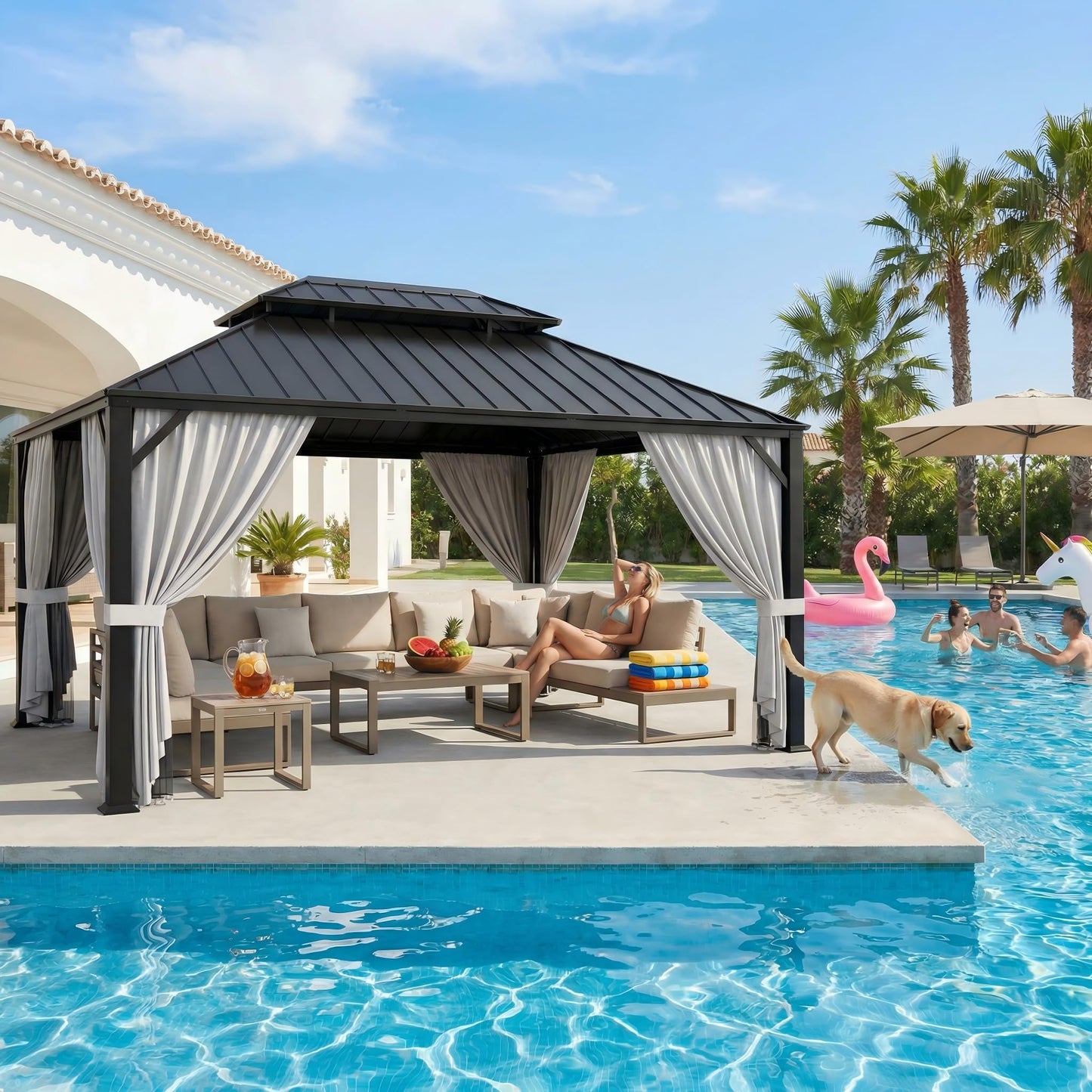IRONCK 16'x12' Hardtop Gazebo, Update Aluminum Frame Gazebo with Galvanized Steel Double Roof, Outdoor Pergola with Curtain and Net, Backyard Canopy for Garden, Deck, Gray and Black